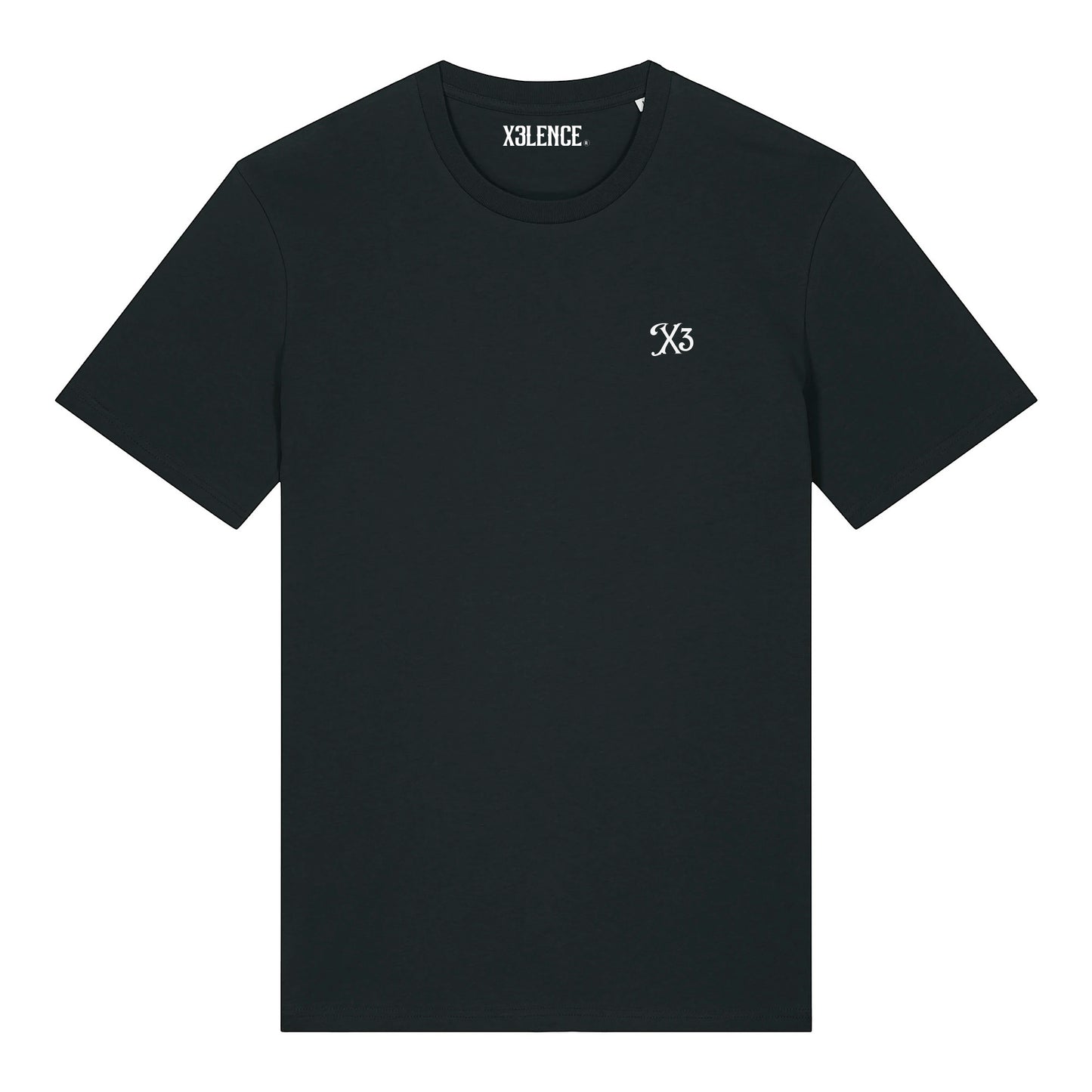 Zwart X3LENCE T-shirt met subtiel X3-logo op de borst, minimalistisch design voor sport of casual draagcomfort