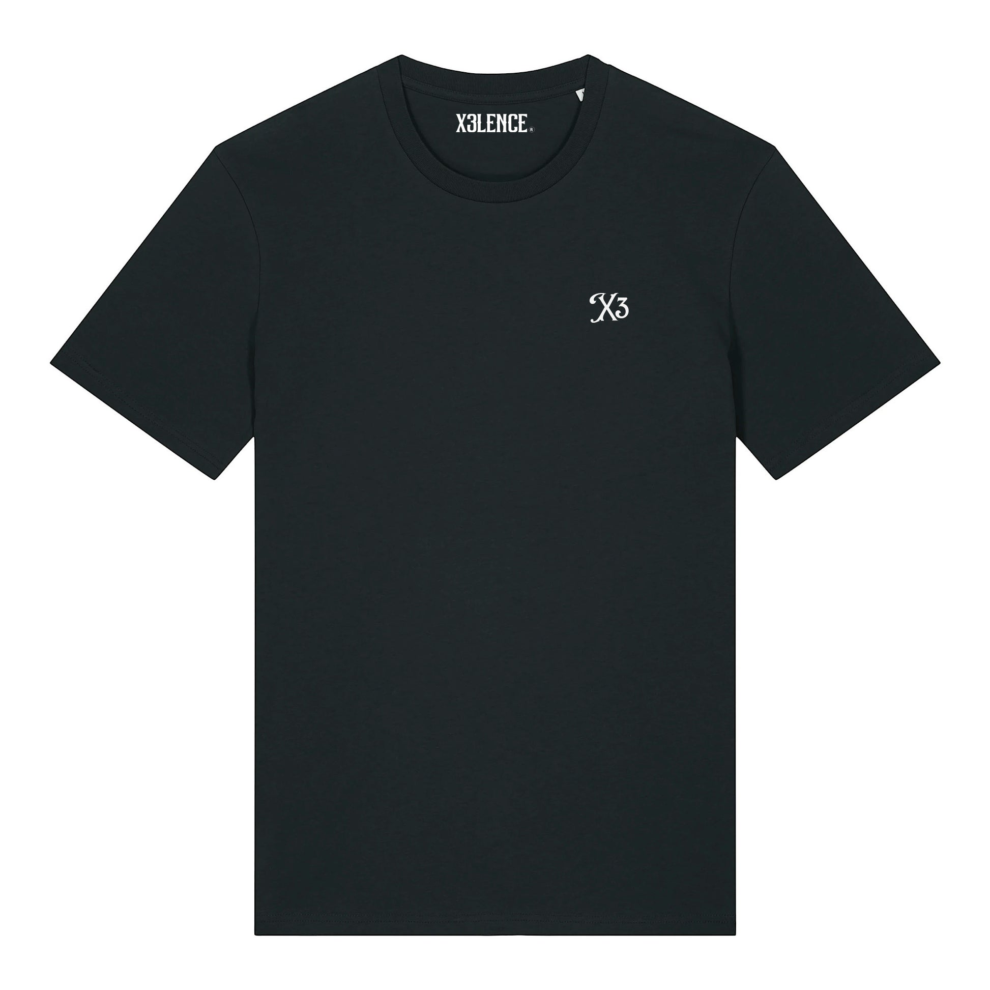 Zwart X3LENCE T-shirt met subtiel X3-logo op de borst, minimalistisch design voor sport of casual draagcomfort