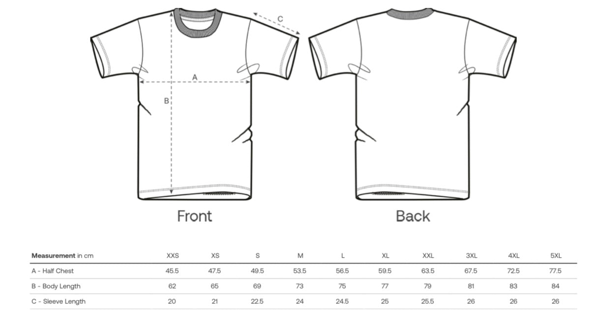 Technische tekening van het X3LENCE T-shirt met afmetingen en regular fit snit