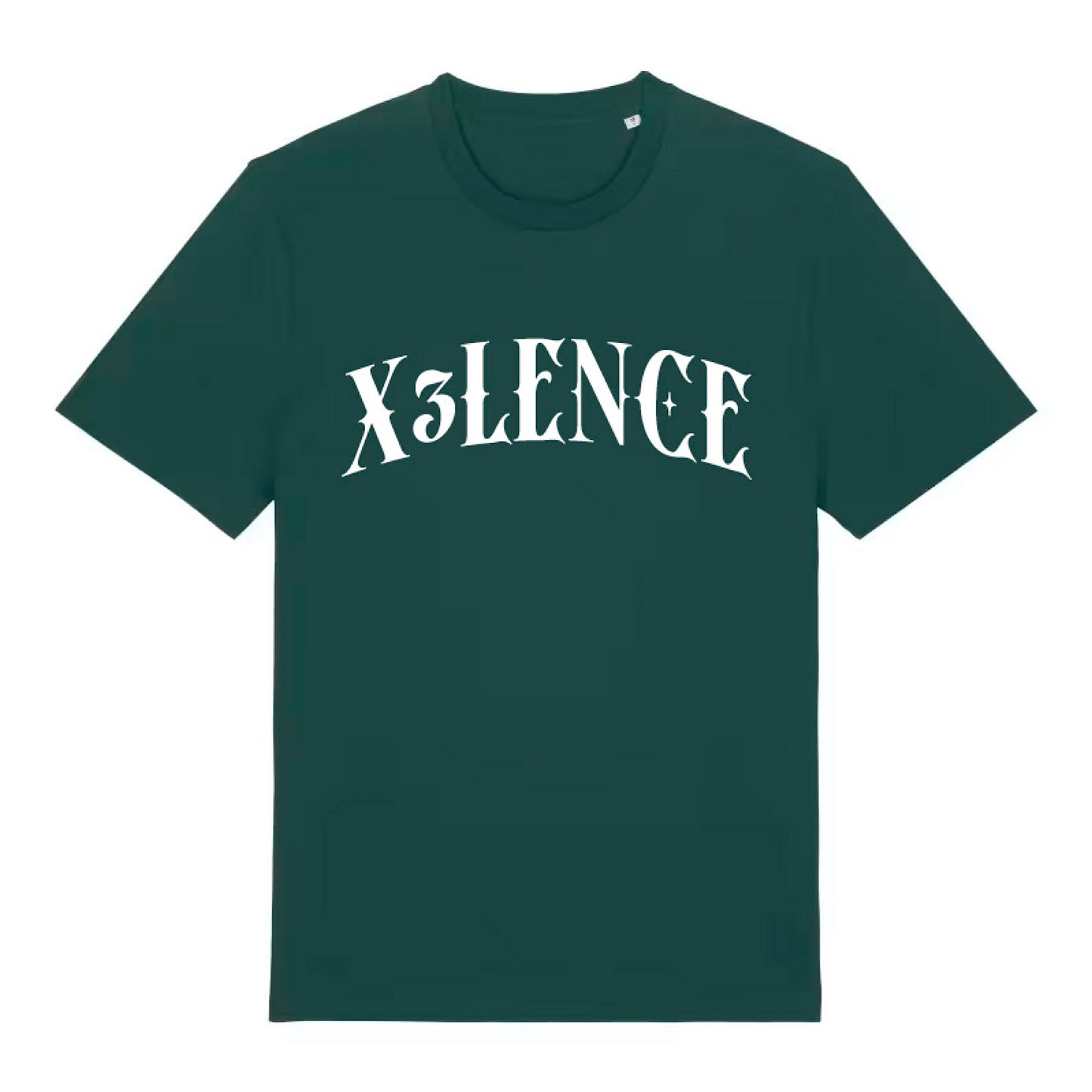 Donkergroen uniseks X3LENCE T-shirt van duurzaam biologisch katoen, wit borstlogo, geschikt voor sport en vrije tijd