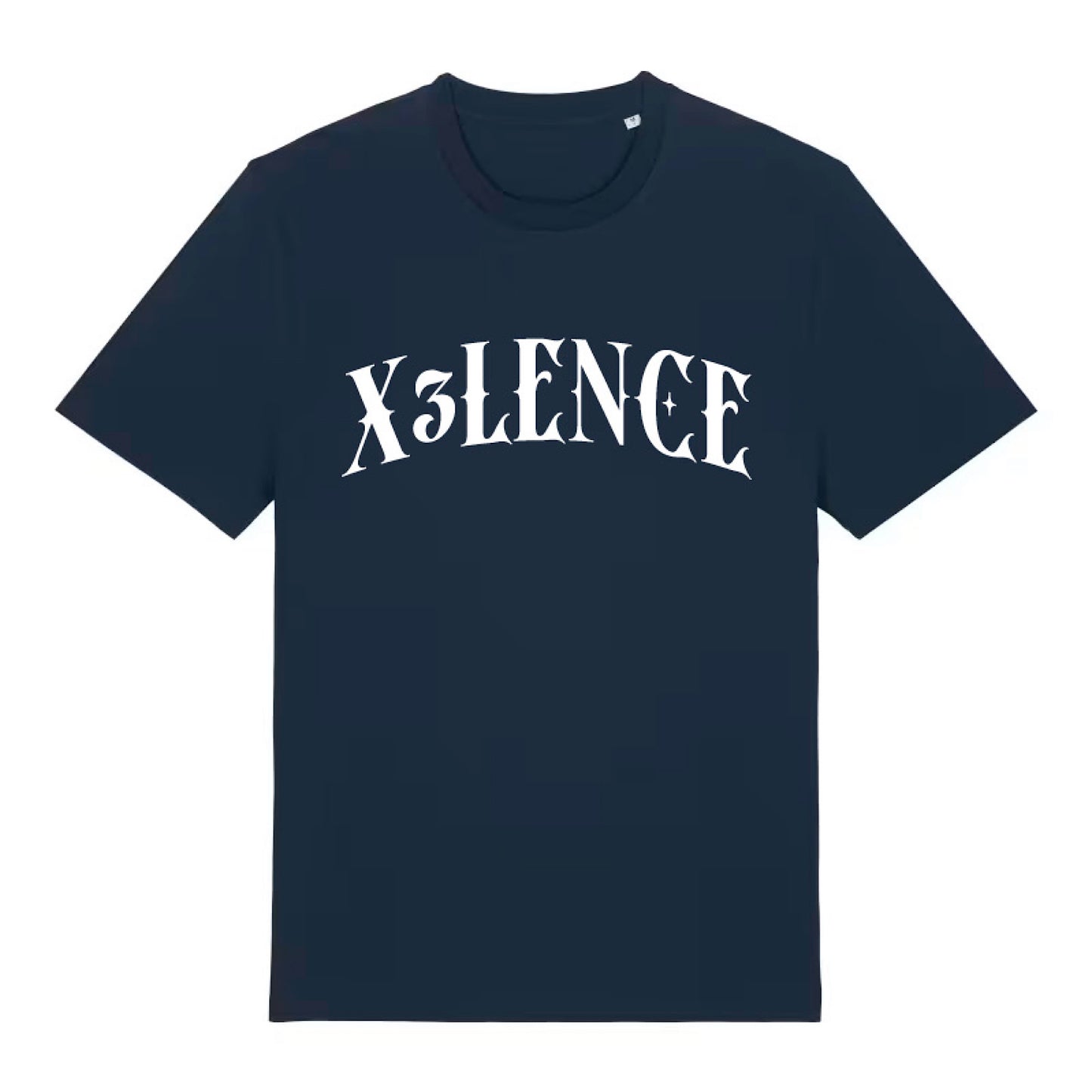 Donkerblauw X3LENCE T-shirt van biologisch katoen, uniseks regular fit met wit logo voor dagelijks gebruik